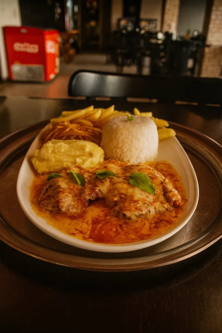 Filé à parmegiana com arroz e fritas